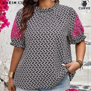 SHEIN Curve Black and Pink Patterned Blouse w/ Embroidered Sleeves